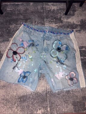 Light Blue Painted Denim Jean Shorts with Floral Accents